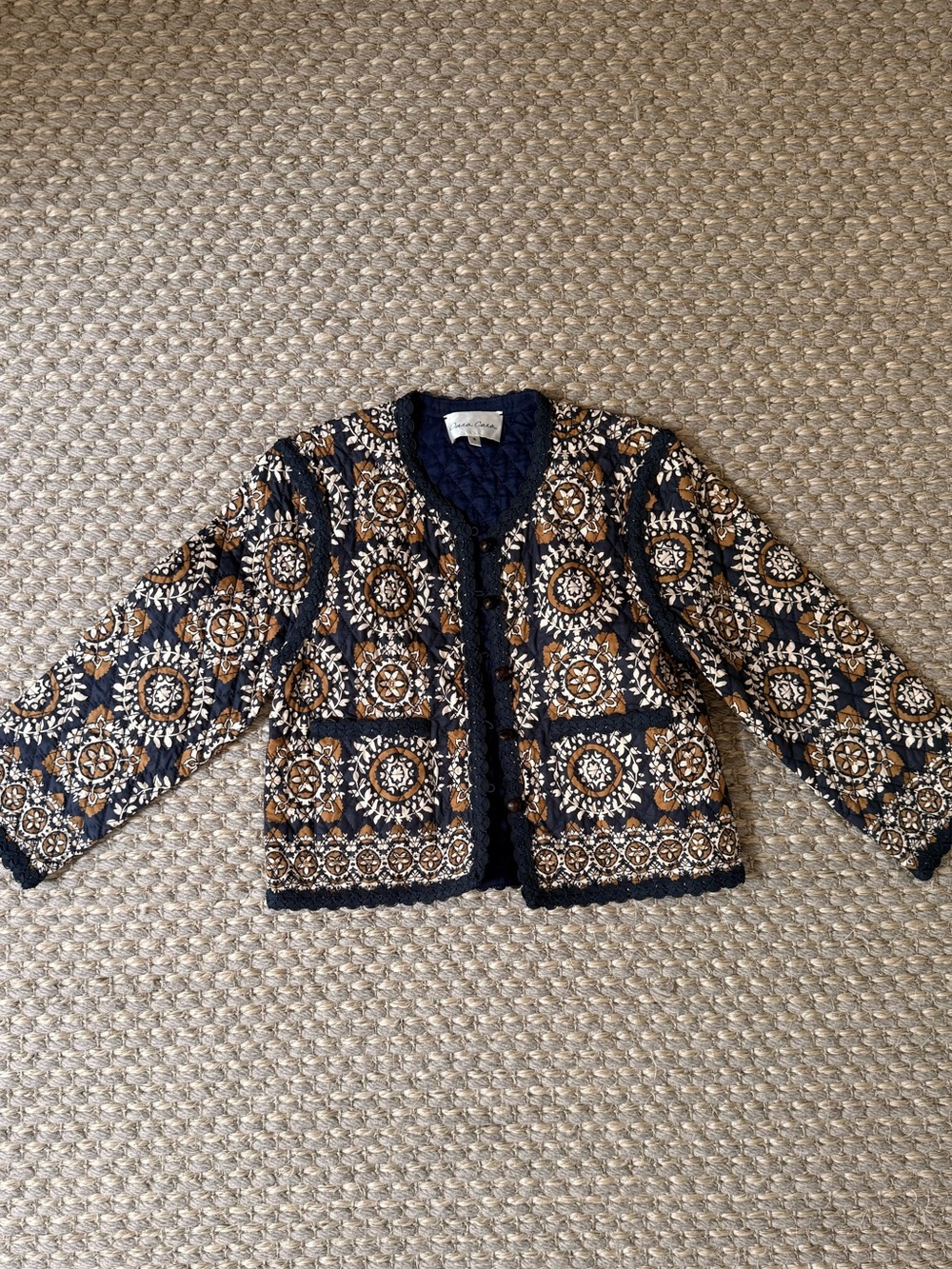 Cara Cara Navy, Cream & Brown Quilted Floral Jacket
